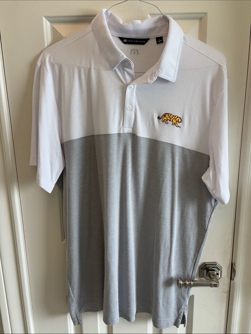 Travis Mathew LSU White and Gray Colorblock Polo with Tiger Patch